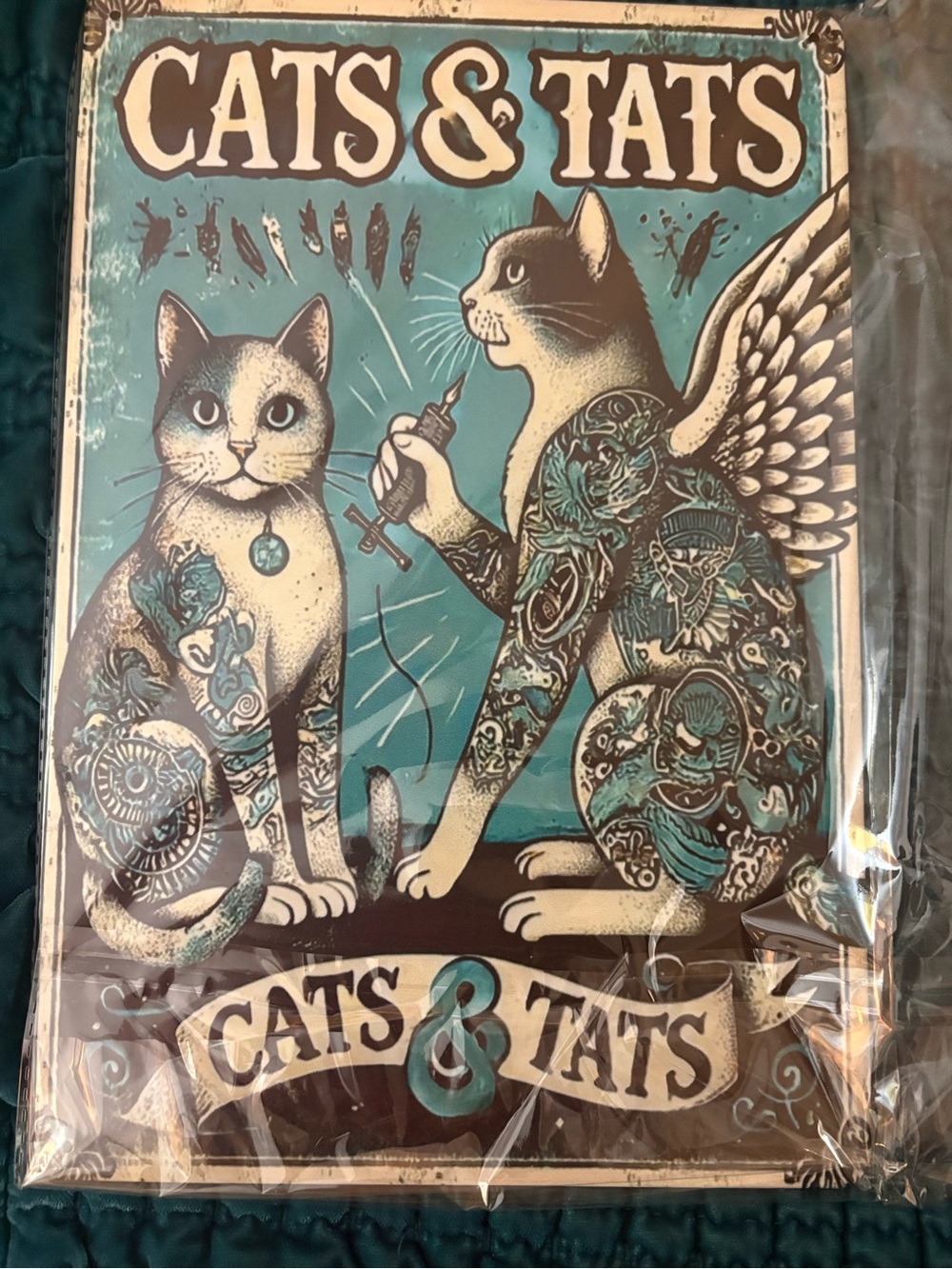 Decorative Cat Art Sign - Teal and Brown